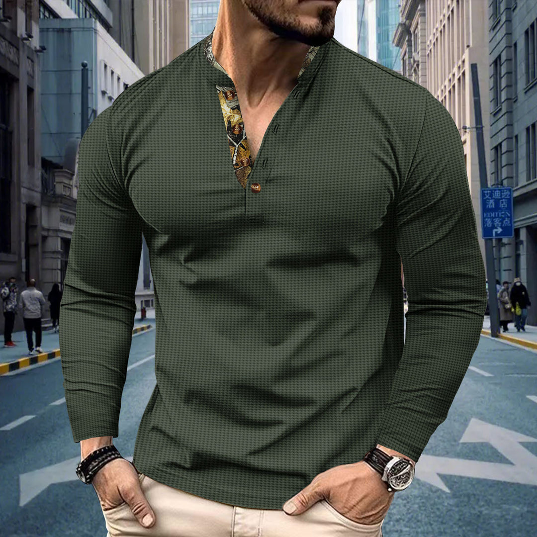 Herren nan langärmeliges Henley-Shirt mit Stehkragen und gemustertem Knopfleistenbesatz EB