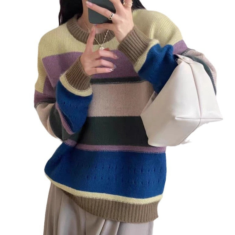 Damen Grob gestrickter Pullover mit lässigen Streifen EB