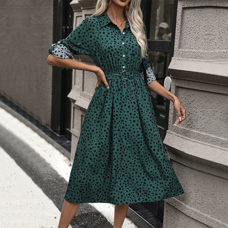 Damen Midi-Kleid mit punktiertem Muster und tailliertem Gürtel EB