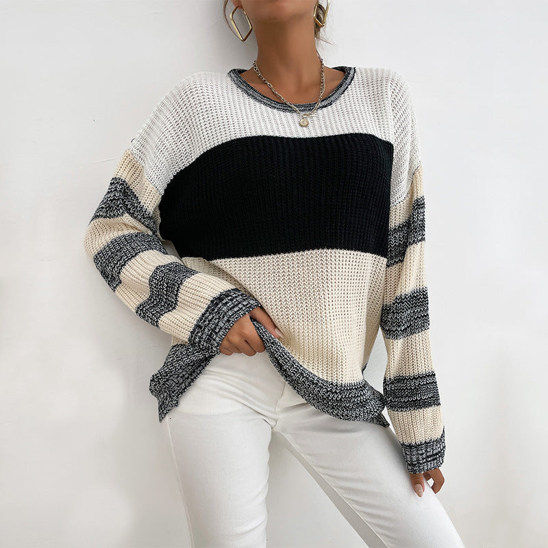 Damen lockerer Strickpullover mit trendigen Blockstreifen und V-Ausschnitt EB