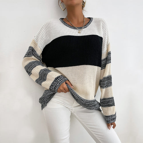 Damen lockerer Strickpullover mit trendigen Blockstreifen und V-Ausschnitt EB