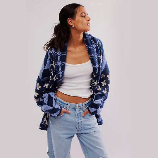 Damen Oversized Strickjacke mit Schalkragen und grafischem Muster EB
