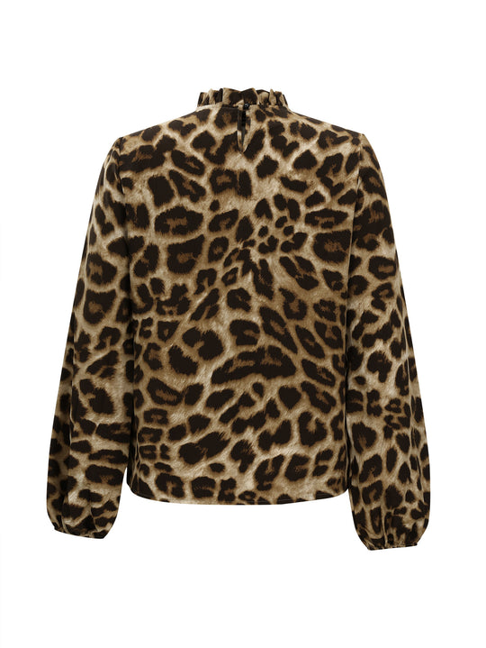 Damen Bluse mit elegantem Leopardenmuster und Rüschenkragen EB