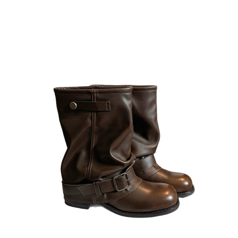 Damen Stiefel mit elegantem Riemenverschluss und modischem Falten-Design EB