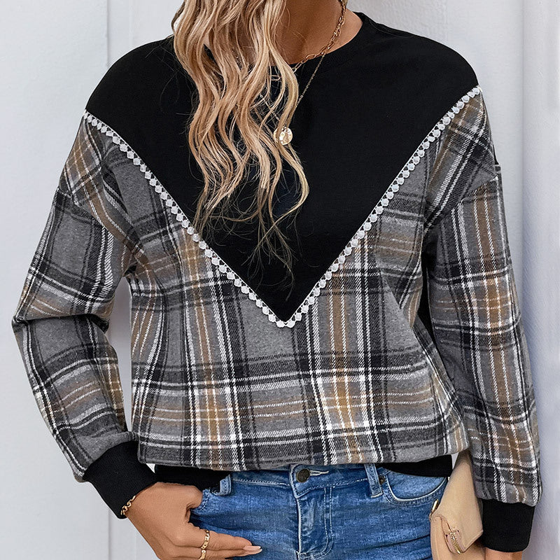 Damen bequemer Karopullover mit dekorativem V-Ausschnitt und elastischen Bündchen EB