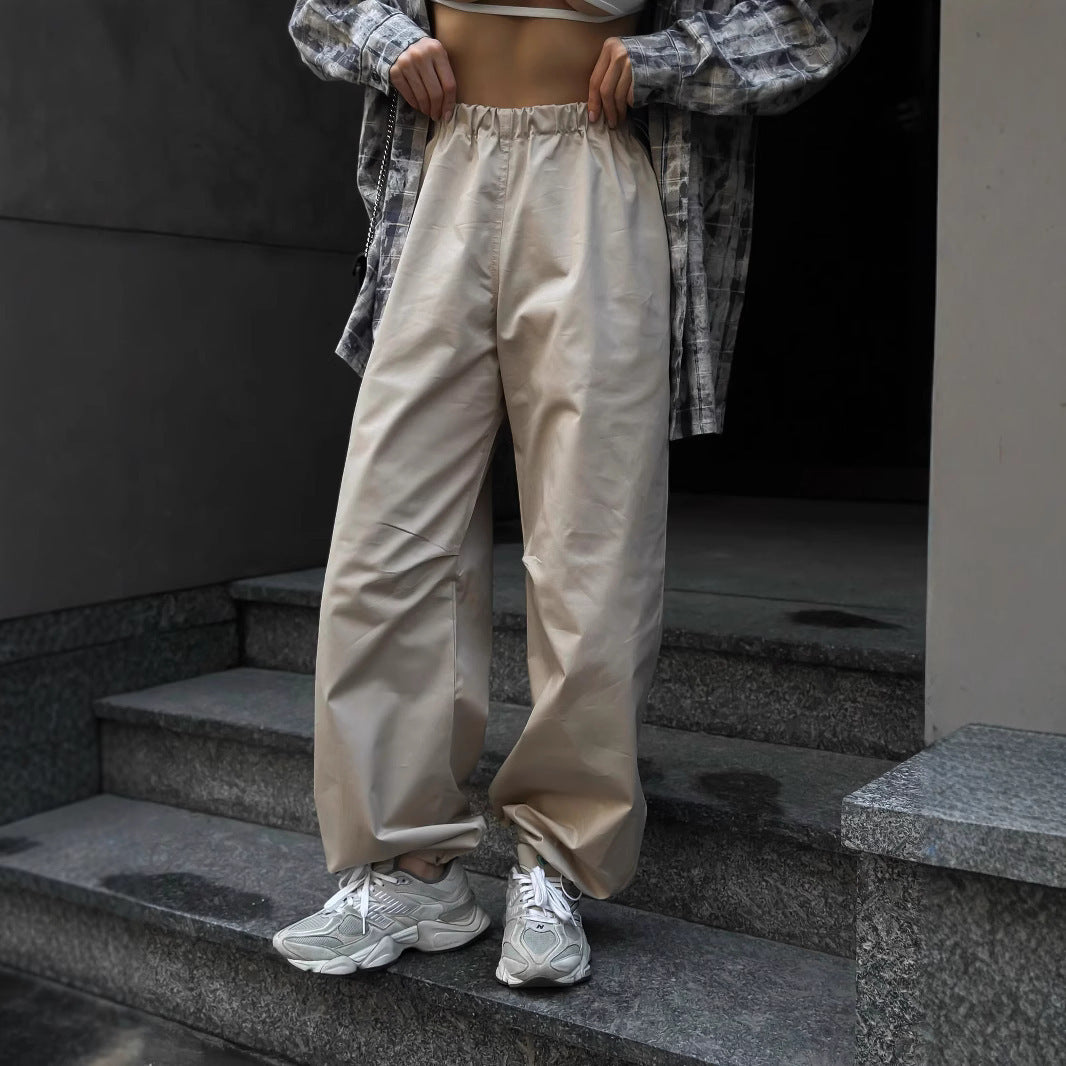 Damen weite hochgeschnittene Freizeithose mit elastischem Bund und tiefem Schritt EB