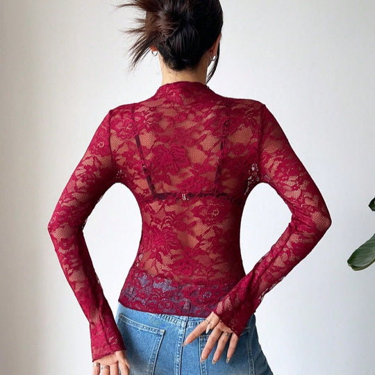 Damen Spitzentop mit langem Arm und tiefem V-Ausschnitt EB