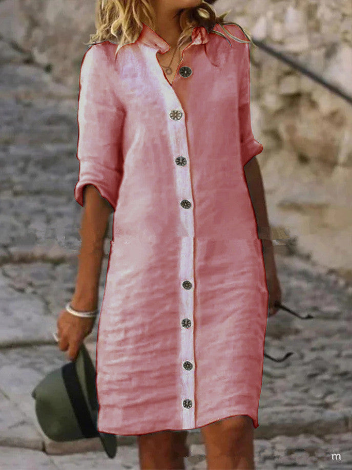 Damen Leinenhemdkleid mit Knopfleiste und umschlagbaren Ärmeln EB