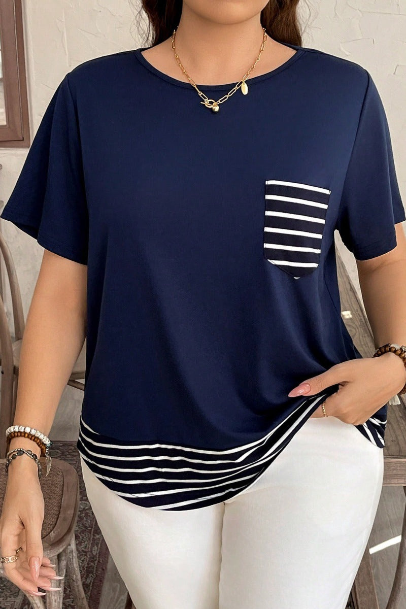 Damen Legeres T-Shirt mit gestreiftem Saum und Brusttasche EB
