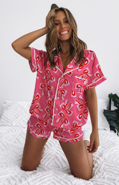 Damen Kurzarm-Pyjama-Set mit verspieltem Schleifenmuster EB