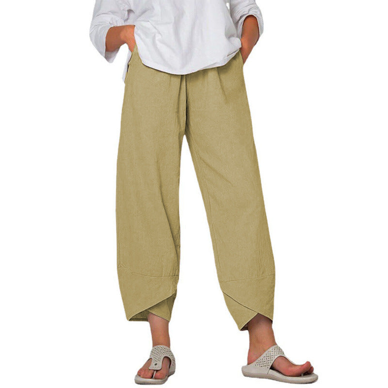 Damen nan lockere Leinenhose mit hohem Bund, Tulpen-Saum und seitlichen Eingrifftaschen EB