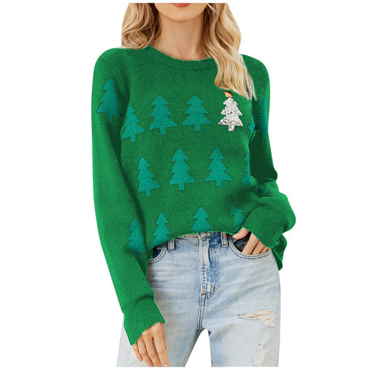 Damen kuscheliger Weihnachtspullover mit festlichem Tannenbaum-Design EB