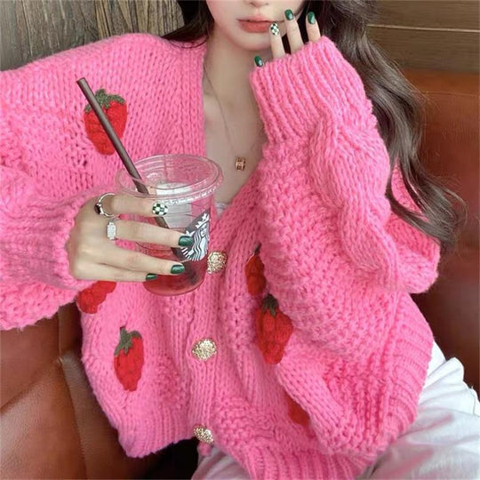 Damen Grober Strickcardigan mit Blumenstickerei und funkelnden Knöpfen EB