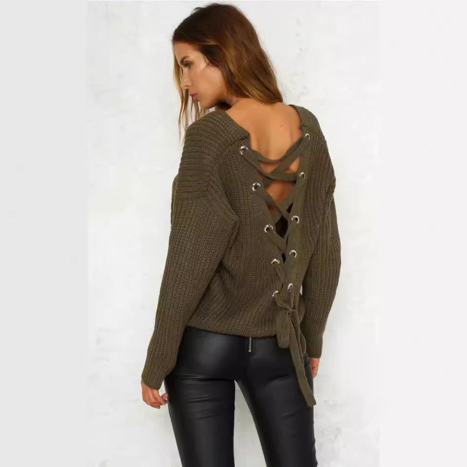 Damen lässiger Strickpullover mit dekorativem Rückenausschnitt und Kordelzug EB