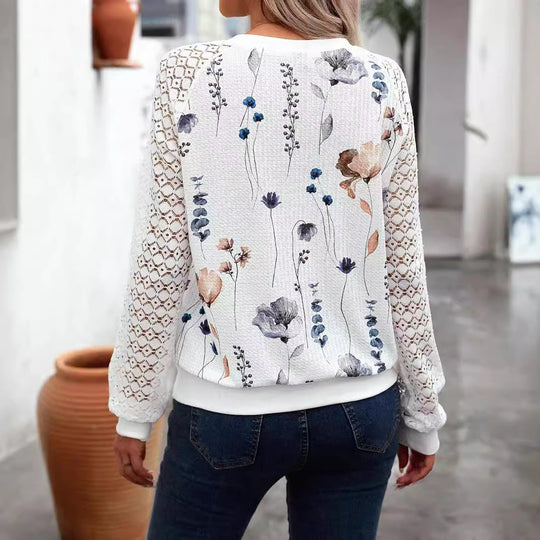 Damen Sweatshirt mit floralem Muster und transparenten Spitzenärmeln EB