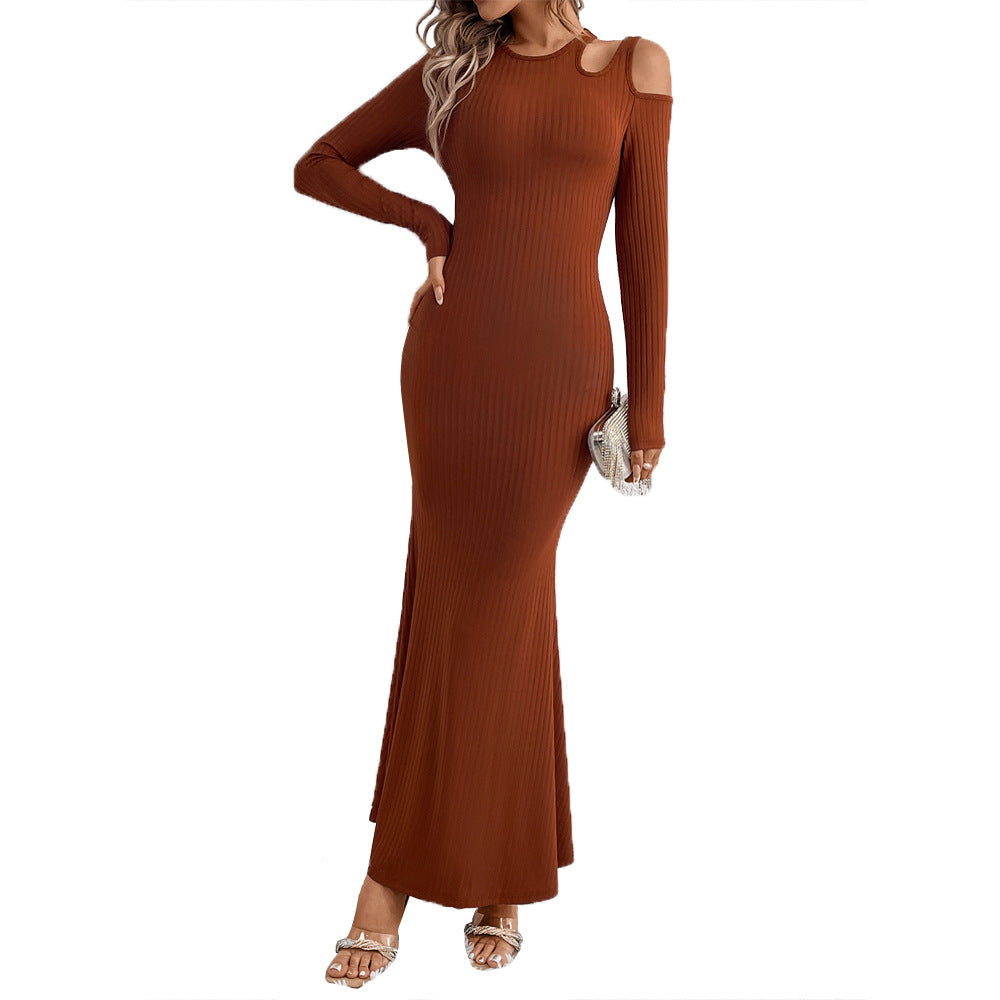 Damen geripptes Meerjungfrauen-Maxikleid mit Cold-Shoulder Cutouts, sculptender Passform und ausgestelltem Saum Eichborn Berlin