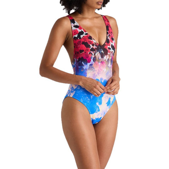 Damen moderner V-Ausschnitt Badeanzug mit floralem Design EB