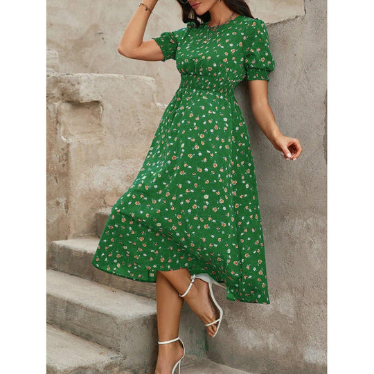 Damen Leichtes Blumendruck Maxi Kleid mit Smock-Taille EB