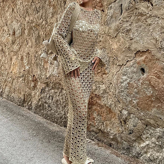 Damen Häkel-Strandkleid mit weiten Ärmeln und modernem Netzdesign EB