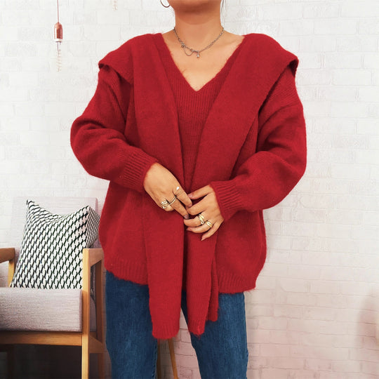 Damen lässiger Strickpullover mit abnehmbarer Kapuze und Knopfdetails EB