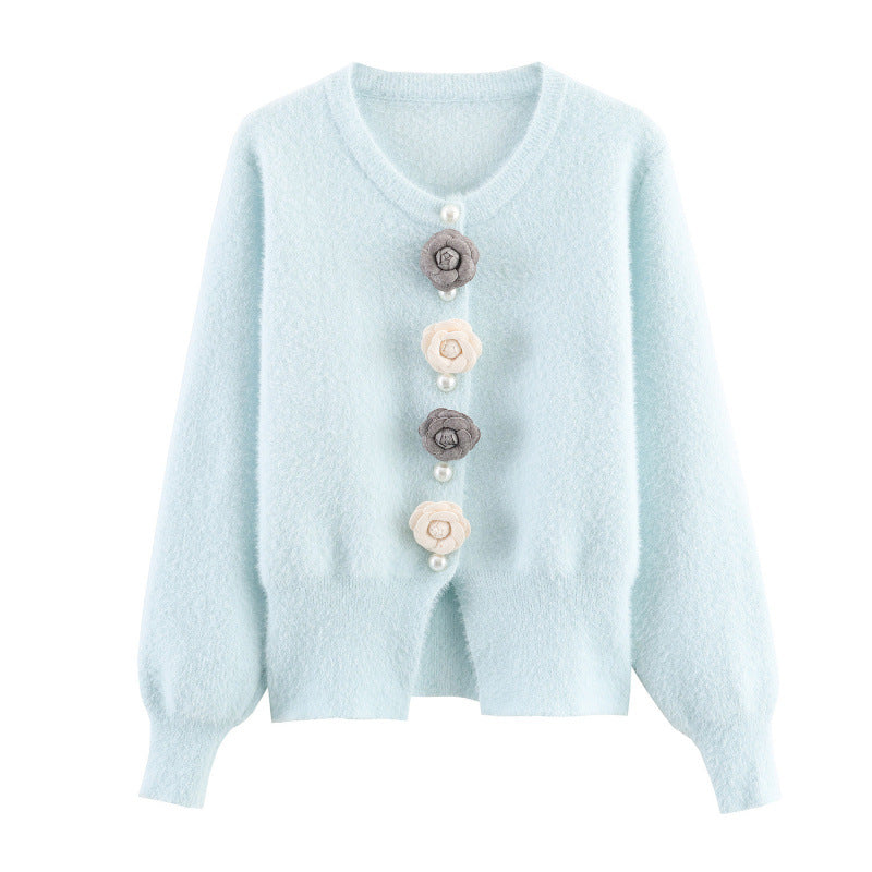 Damen stylische Strickjacke mit einzigartigen Blumenapplikationen EB