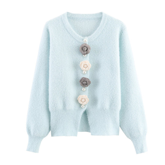 Damen stylische Strickjacke mit einzigartigen Blumenapplikationen EB
