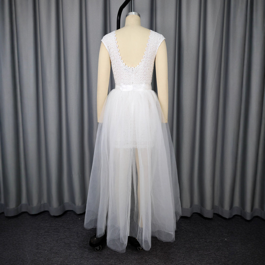 Damen Midi-Brautkleid mit verziertem Oberteil und transparentem Tüll Überrock EB
