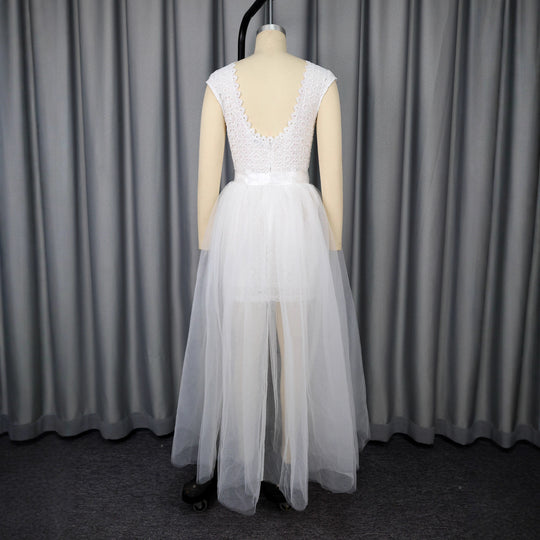 Damen Midi-Brautkleid mit verziertem Oberteil und transparentem Tüll Überrock EB