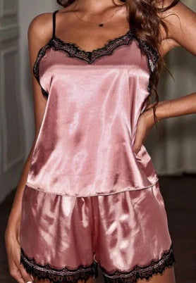 Damen Satin Schlafanzug-Set mit Spitze EB