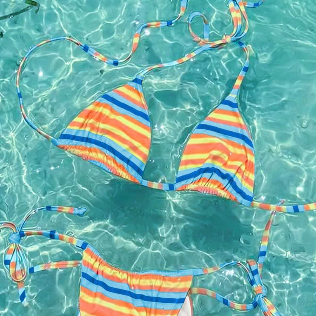 Damen Triangel-Bikini mit verstellbaren Seitenbändern und buntem Streifenmuster EB