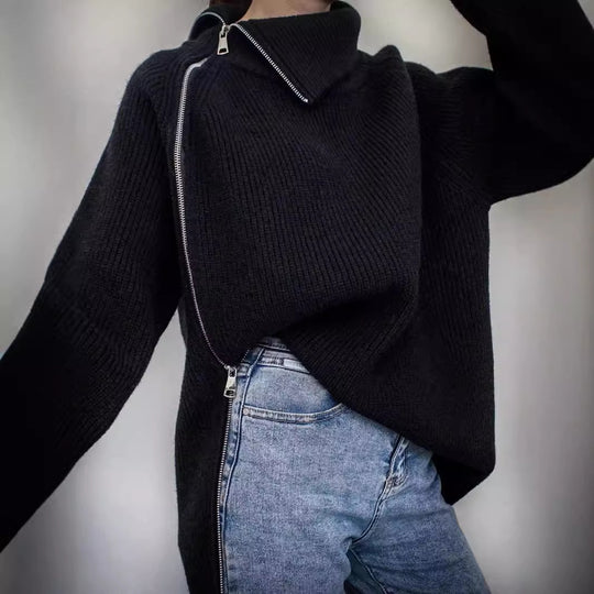 Damen lässiger Strickpullover mit asymmetrischem Reißverschluss und großem Kragen EB