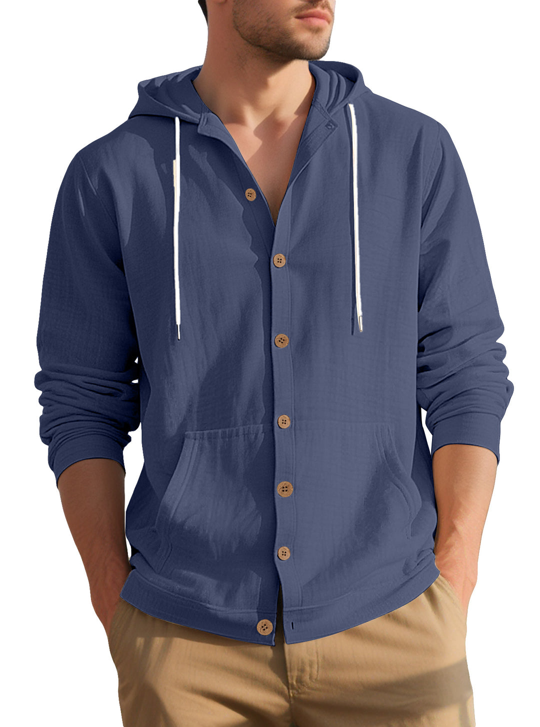 Herren nan leichtes Kapuzen-Übershirt im Crinkle-Look mit Holzknopfleiste und Kängurutasche EB
