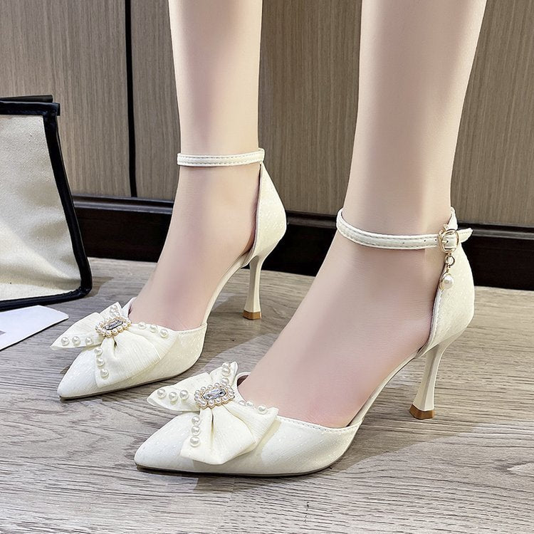Damen eleganter Absatzschuh mit Schleife und Zierperlen EB