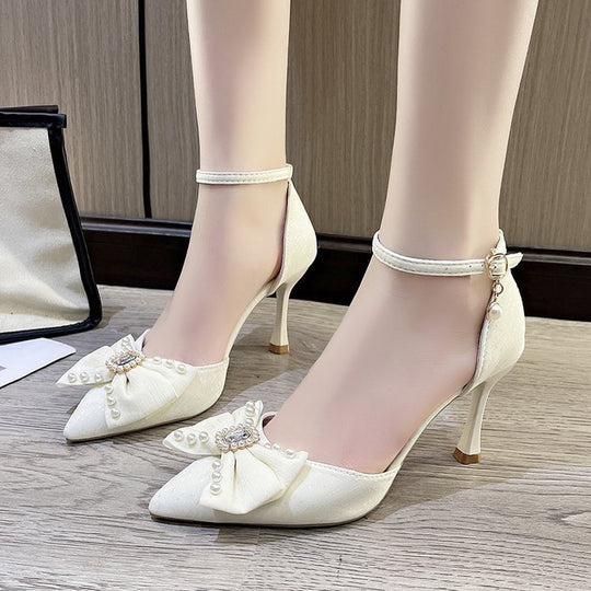 Damen eleganter Absatzschuh mit Schleife und Zierperlen EB