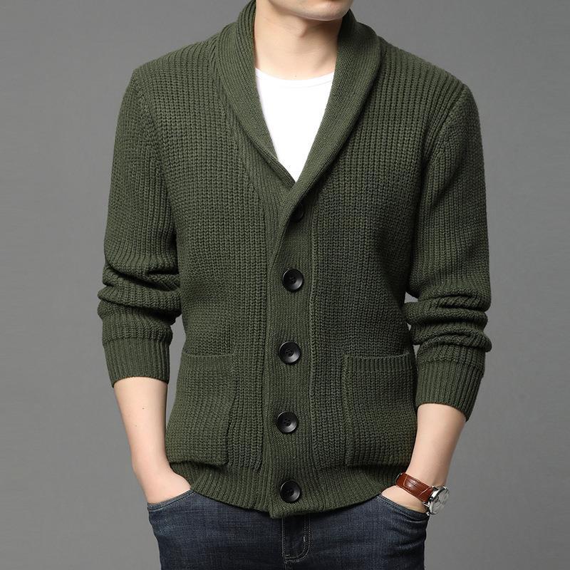 Herren kuschelige Strickjacke mit schickem Kragen und funktionalen Taschen EB