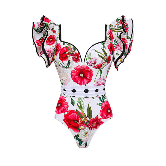 Damen Badeanzug mit Rüschendetails und floralem Überrock EB