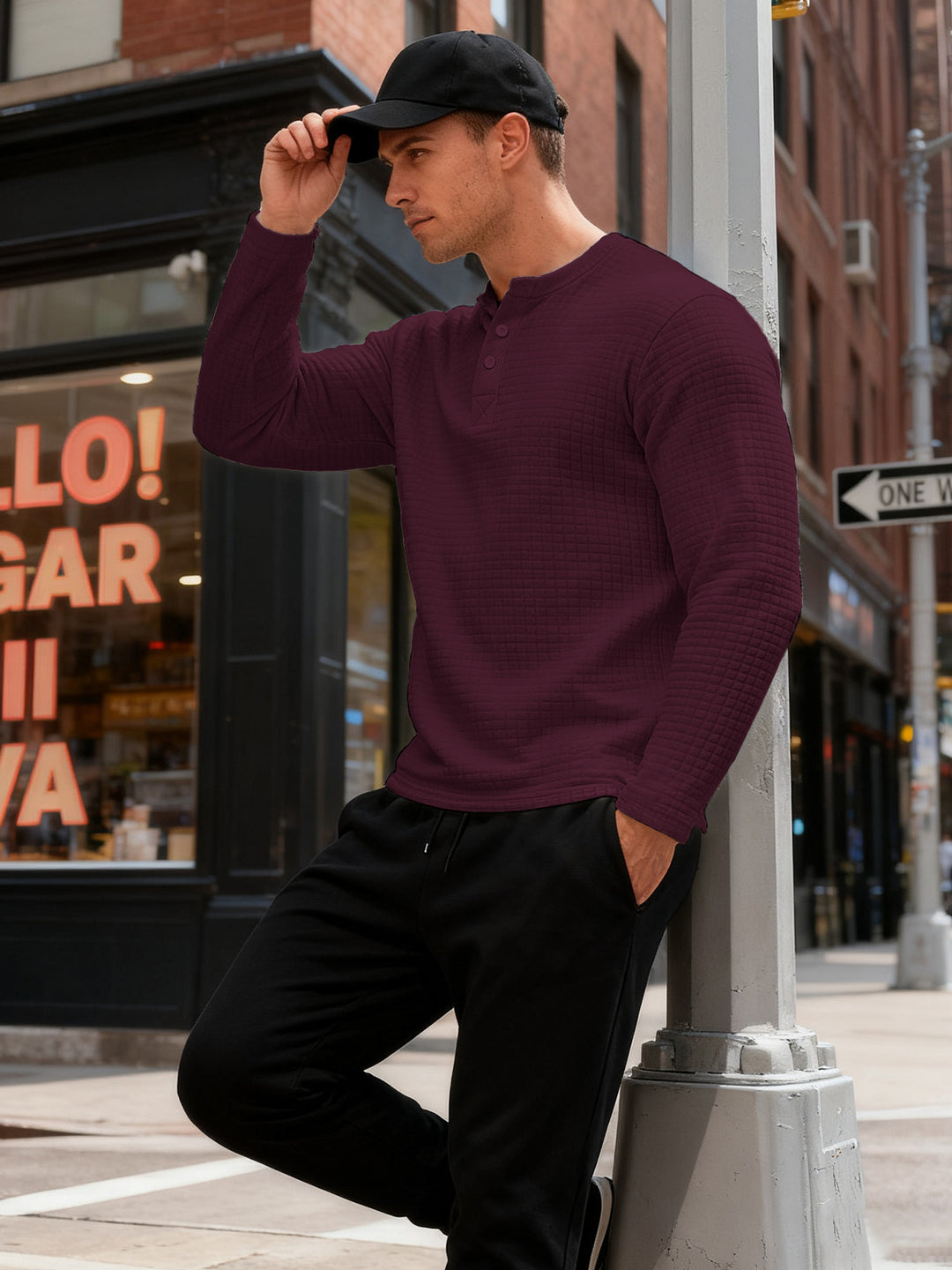 Herren nan strukturiertes Henley-Langarmshirt aus Waffelstrick mit Stehkragen und schmaler Silhouette EB