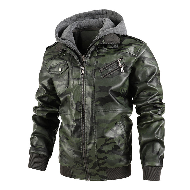 Herren Kunstlederjacke mit abnehmbarer Kapuze und multifunktionalen Taschen EB