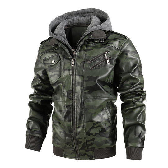 Herren Kunstlederjacke mit abnehmbarer Kapuze und multifunktionalen Taschen EB