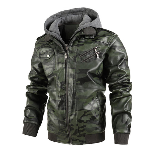 Herren Kunstlederjacke mit abnehmbarer Kapuze und multifunktionalen Taschen EB