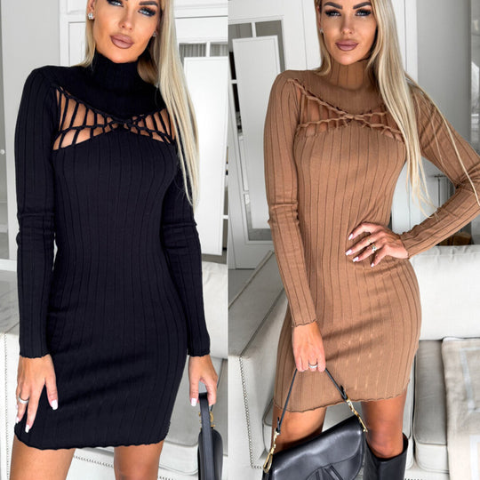 Damen figurbetontes Strickkleid mit Ausschnitt und Langarm EB