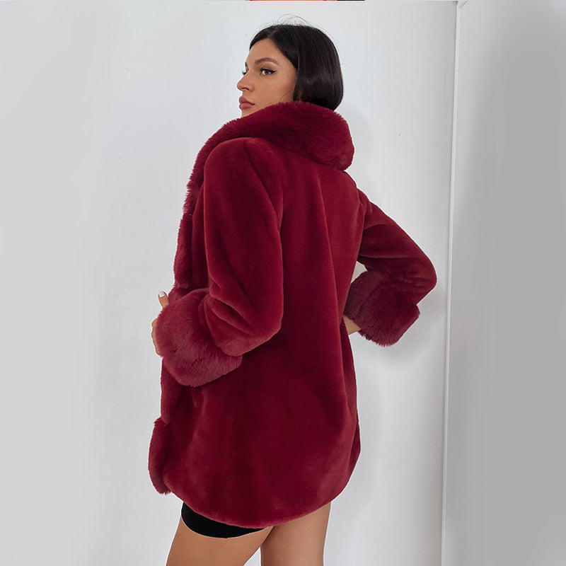 Damen Flauschige Kunstpelzjacke mit Kapuze und dekorativen Details EB