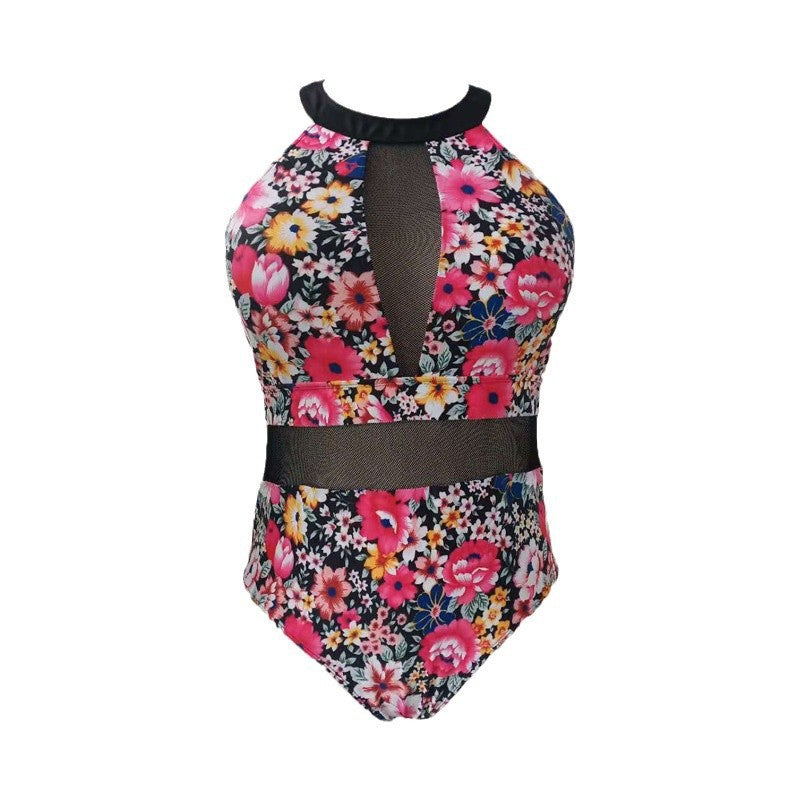 Damen Sportlicher Einteiler Badeanzug mit transparenten Mesh-Einsätzen EB