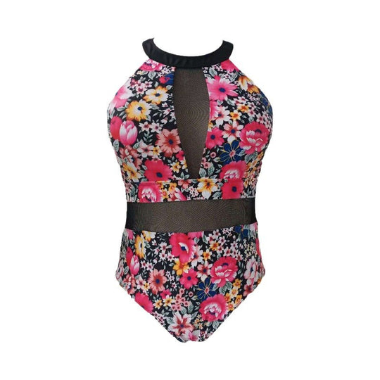 Damen Sportlicher Einteiler Badeanzug mit transparenten Mesh-Einsätzen EB