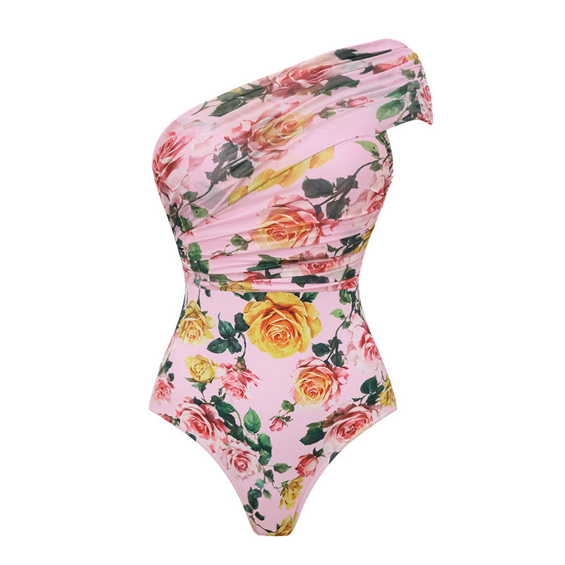 Damen Einseitiger Badeanzug mit floralem Drapierungsdesign EB