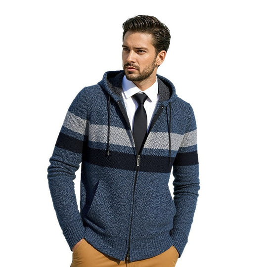 Herren modischer Strickhoodie mit kontrastierenden Zierstreifen und praktischen Taschen EB