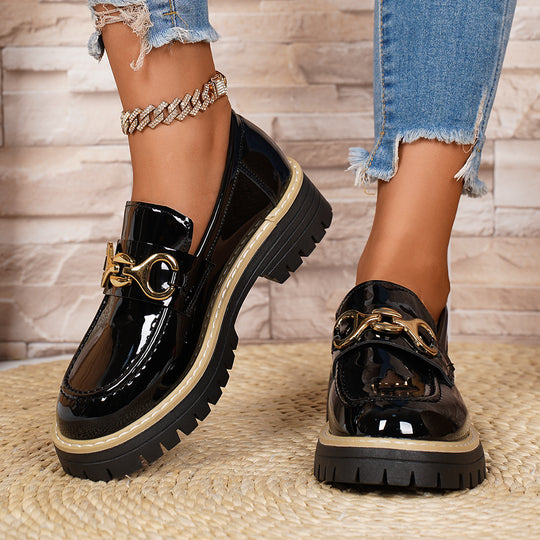 Damen Komfortable Mokassin-Schuhe mit glänzenden Akzenten und robustem Sohlenprofil EB