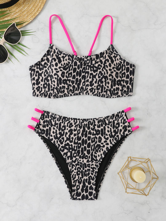 Damen Leopardenmuster Bikini-Set mit sportlichen Details EB
