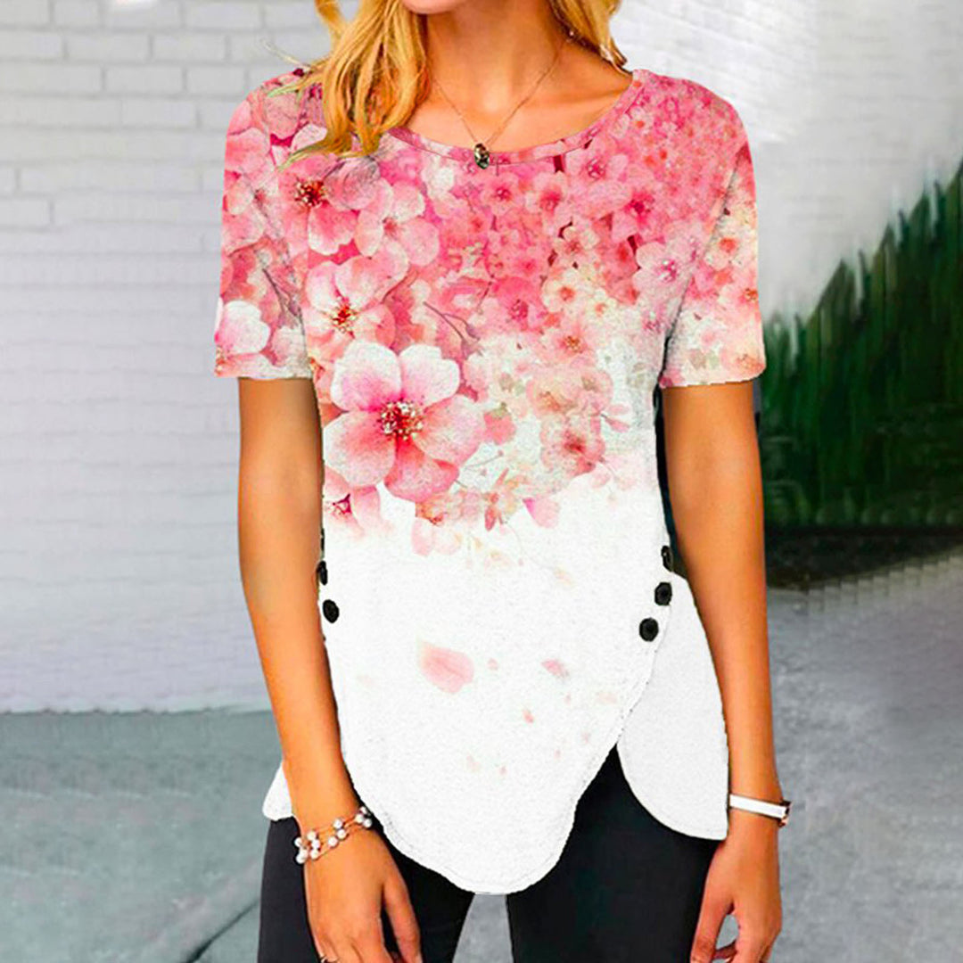 Damen lässiges T-Shirt mit dekorativem Floraldesign und asymmetrischem Saum EB
