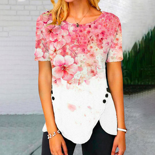 Damen lässiges T-Shirt mit dekorativem Floraldesign und asymmetrischem Saum EB